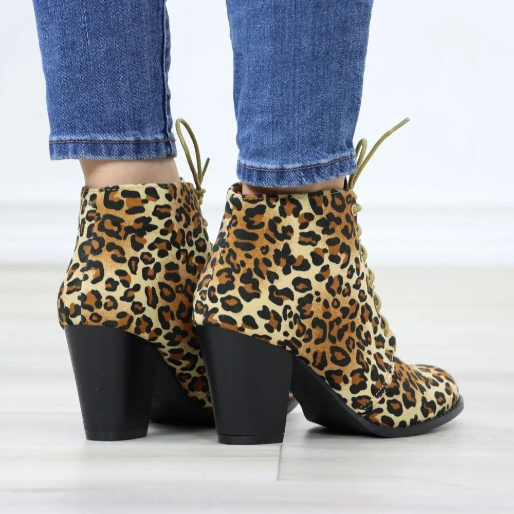 Leopard Lace-Up Block Cone High Heeled Ankle Boots Synthetic Suede Rounded Toe - Picture 6 of 10